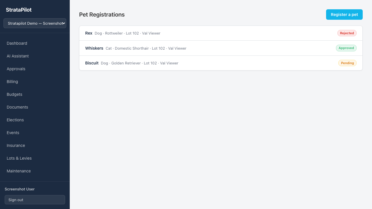 Pet registrations list — lot owner view